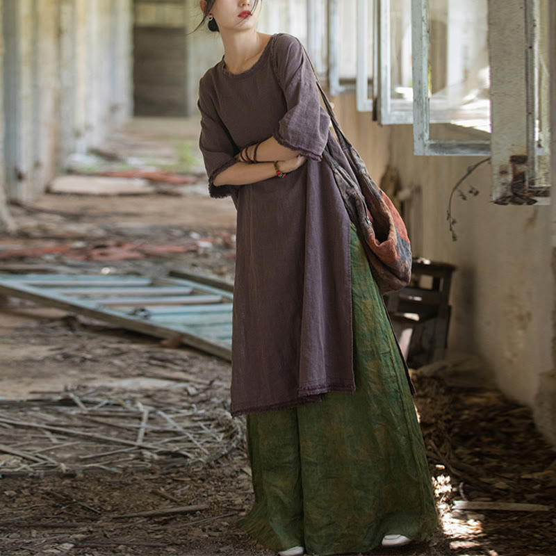 Buddha Stonesミドル丈ドレス ラミーリネン ハーフスリーブ スプリットヘム トップ Tシャツ - image 29