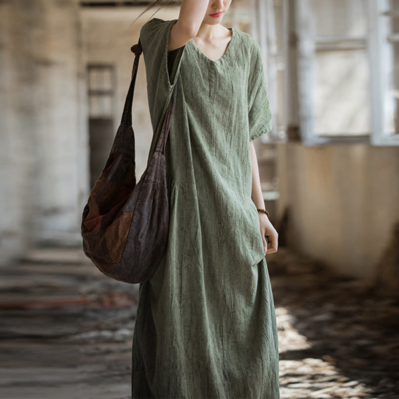 Buddha Stonesハンドメイド タイダイ Vネック ミディドレス リネン 半袖ドレス