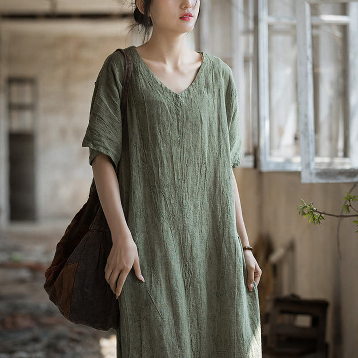 Buddha Stonesハンドメイド タイダイ Vネック ミディドレス リネン 半袖ドレス