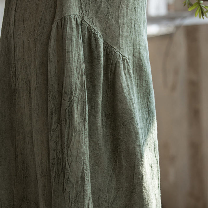 Buddha Stonesハンドメイド タイダイ Vネック ミディドレス リネン 半袖ドレス