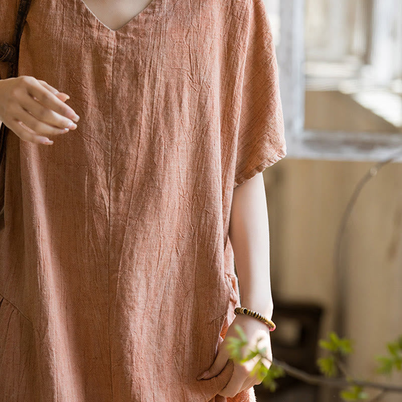 Buddha Stonesハンドメイド タイダイ Vネック ミディドレス リネン 半袖ドレス