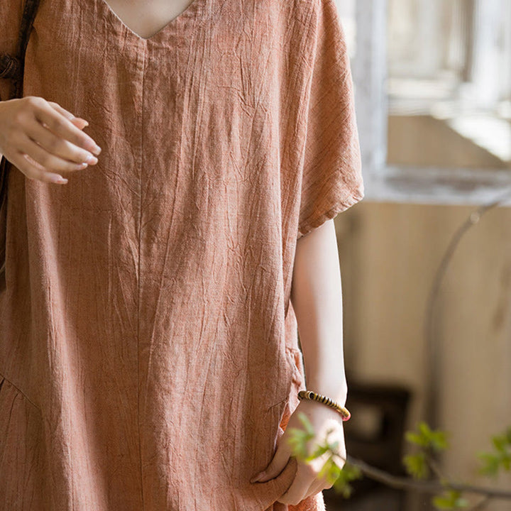 Buddha Stonesハンドメイド タイダイ Vネック ミディドレス リネン 半袖ドレス