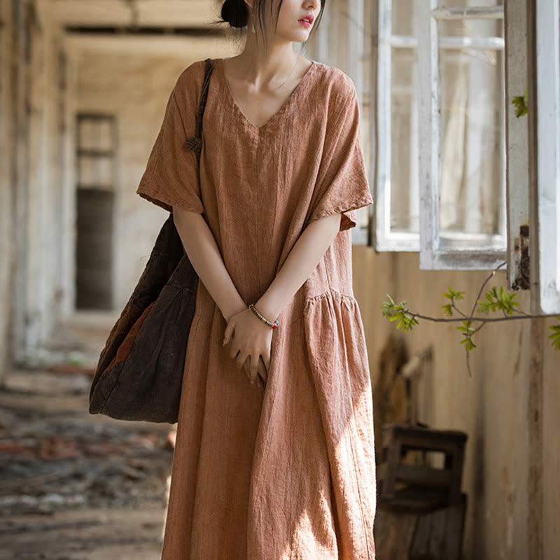 Buddha Stonesハンドメイド タイダイ Vネック ミディドレス リネン 半袖ドレス