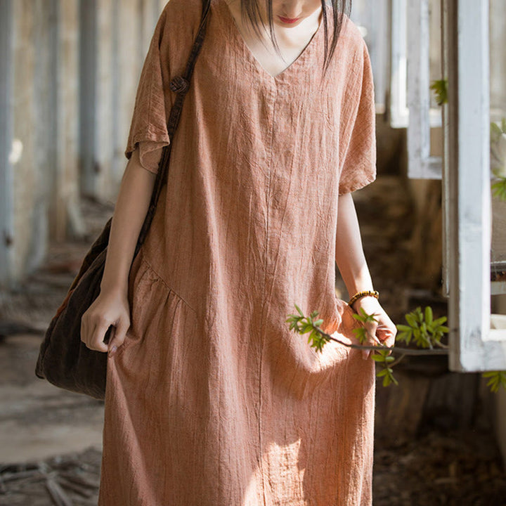 Buddha Stonesハンドメイド タイダイ Vネック ミディドレス リネン 半袖ドレス