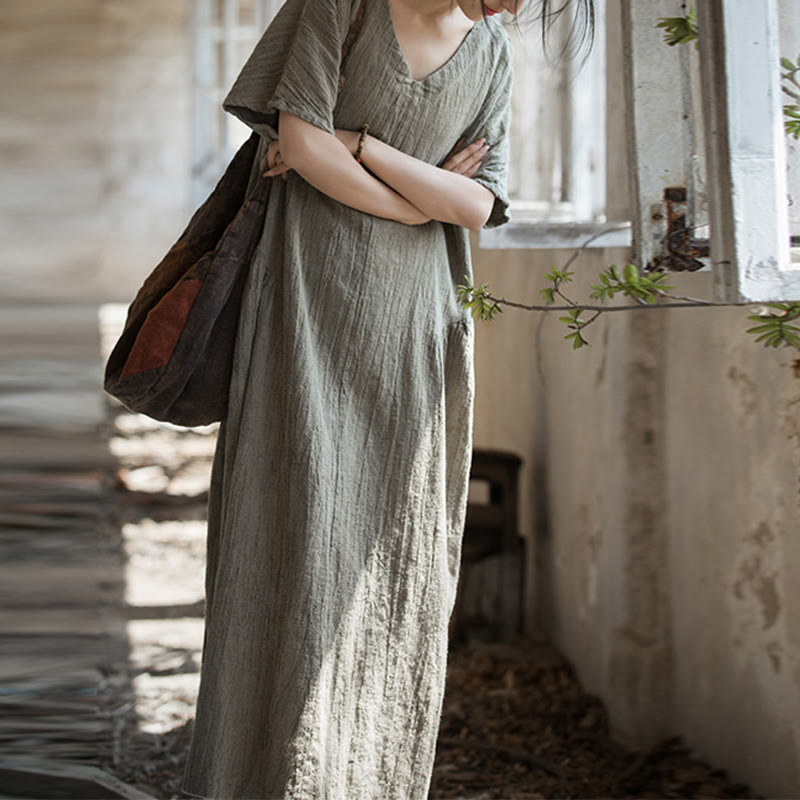 Buddha Stonesハンドメイド タイダイ Vネック ミディドレス リネン 半袖ドレス