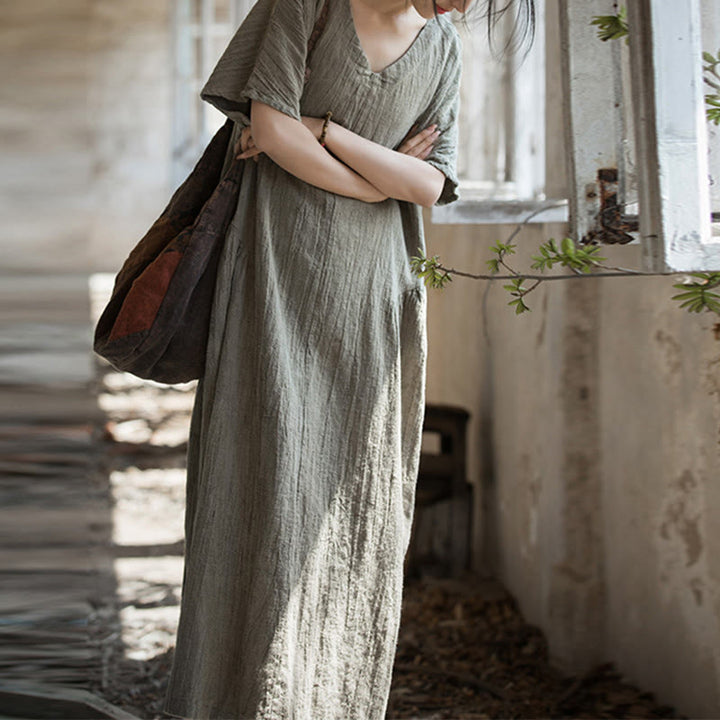 Buddha Stonesハンドメイド タイダイ Vネック ミディドレス リネン 半袖ドレス