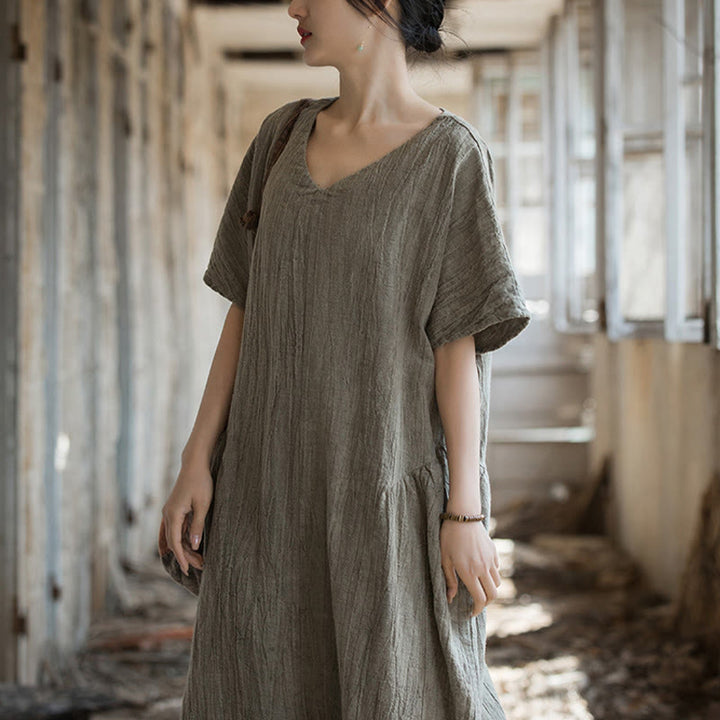 Buddha Stonesハンドメイド タイダイ Vネック ミディドレス リネン 半袖ドレス