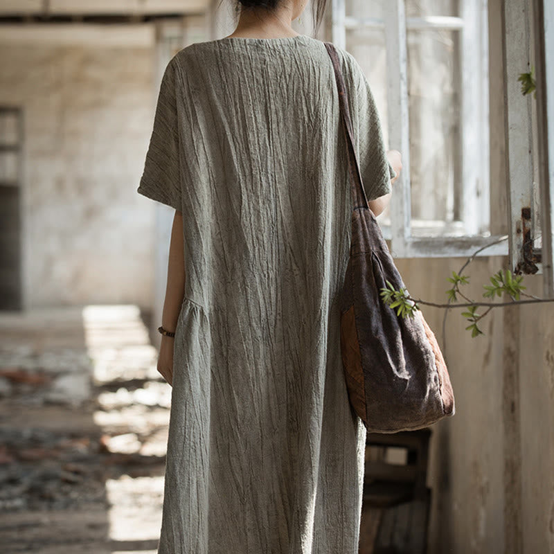 Buddha Stonesハンドメイド タイダイ Vネック ミディドレス リネン 半袖ドレス