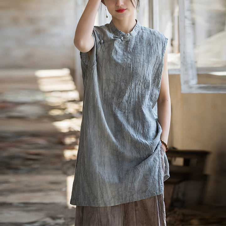 Buddha Stonesハンドメイド タイダイ ラミー リネン フロッグボタン ノースリーブ ベスト