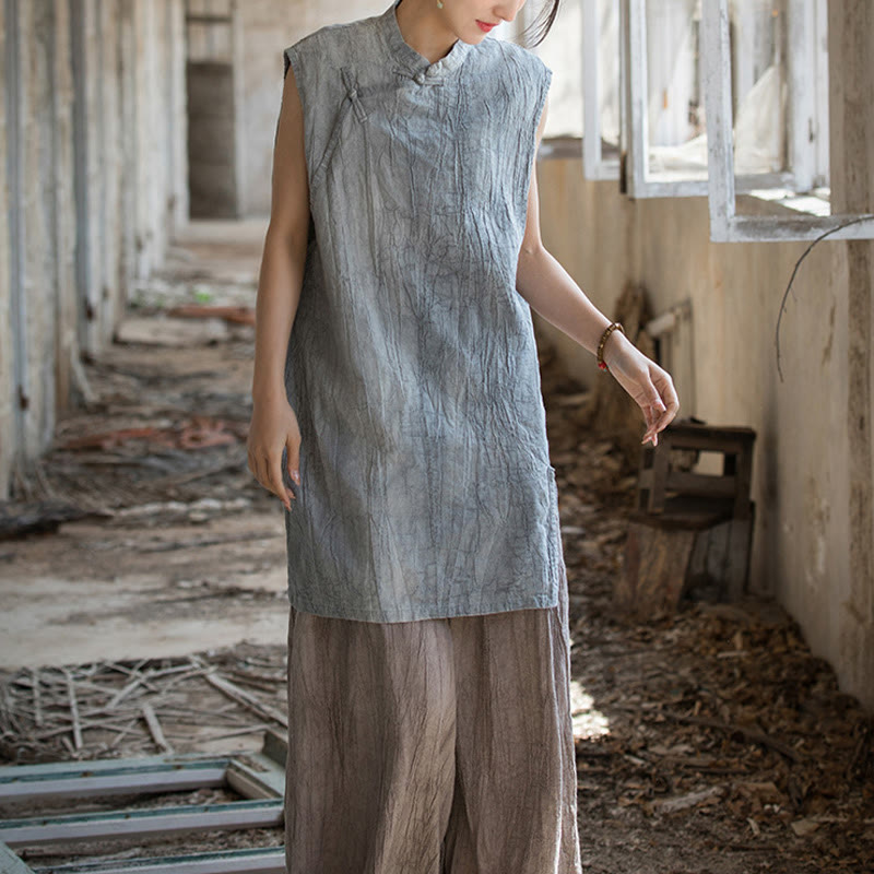 Buddha Stonesハンドメイド タイダイ ラミー リネン フロッグボタン ノースリーブ ベスト