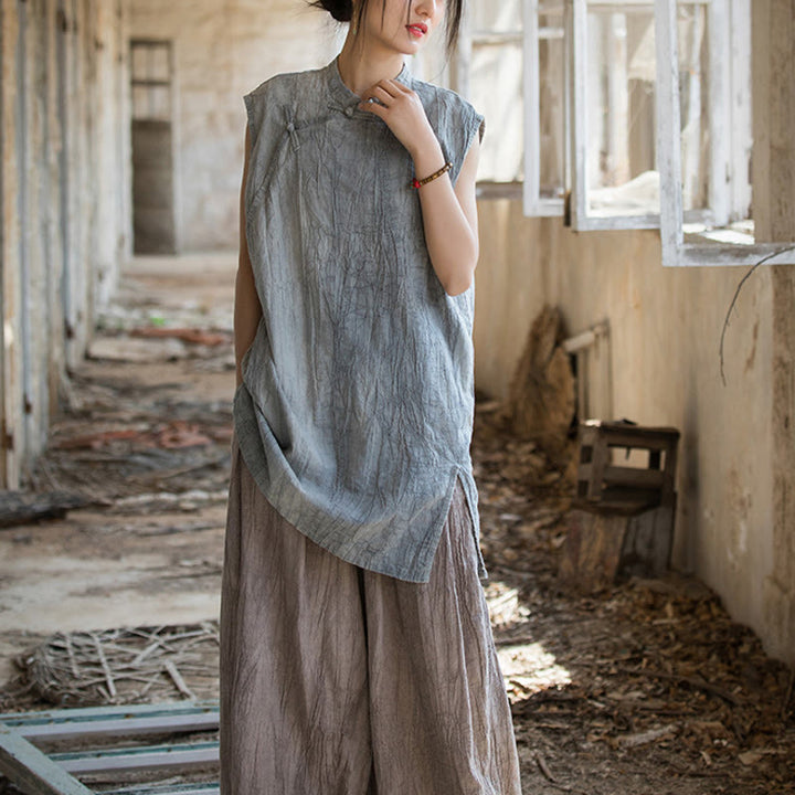 Buddha Stonesハンドメイド タイダイ ラミー リネン フロッグボタン ノースリーブ ベスト