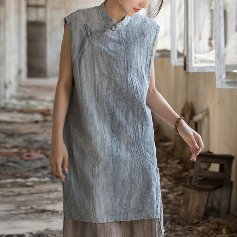 Buddha Stonesハンドメイド タイダイ ラミー リネン フロッグボタン ノースリーブ ベスト