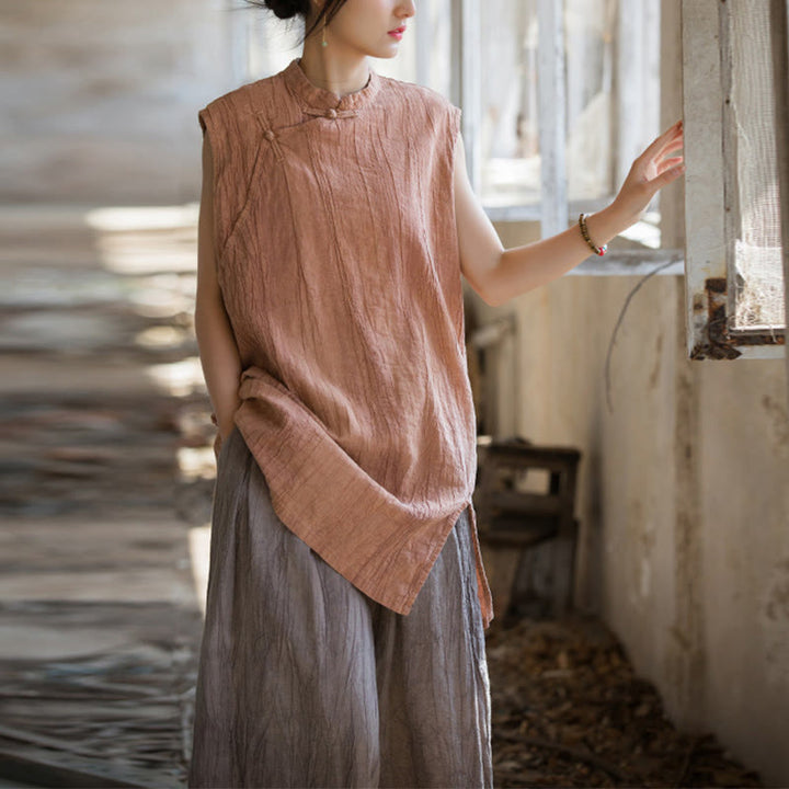 Buddha Stonesハンドメイド タイダイ ラミー リネン フロッグボタン ノースリーブ ベスト