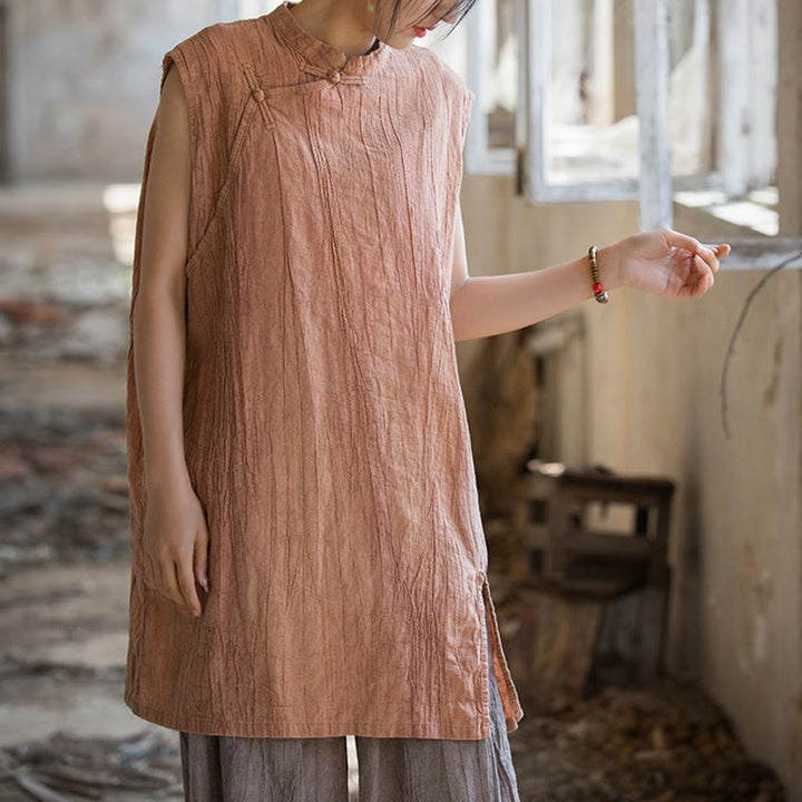 Buddha Stonesハンドメイド タイダイ ラミー リネン フロッグボタン ノースリーブ ベスト