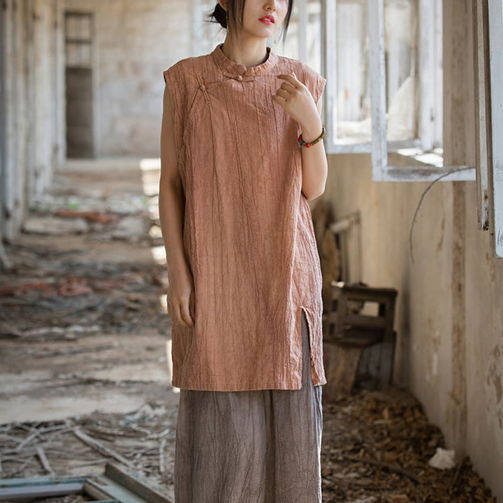 Buddha Stonesハンドメイド タイダイ ラミー リネン フロッグボタン ノースリーブ ベスト