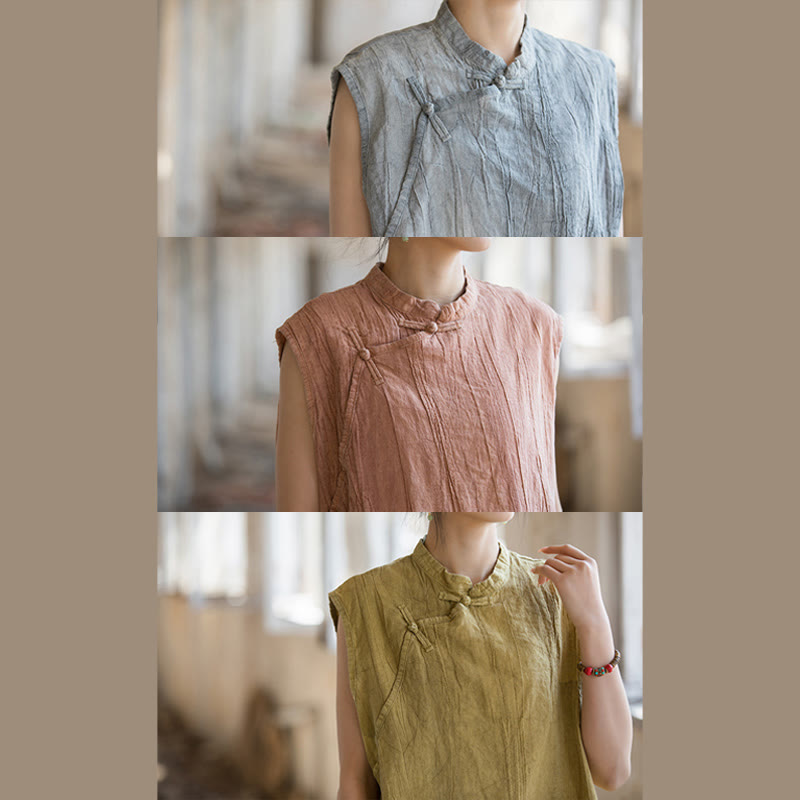 Buddha Stonesハンドメイド タイダイ ラミー リネン フロッグボタン ノースリーブ ベスト