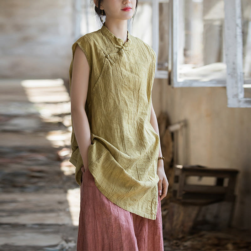 Buddha Stonesハンドメイド タイダイ ラミー リネン フロッグボタン ノースリーブ ベスト