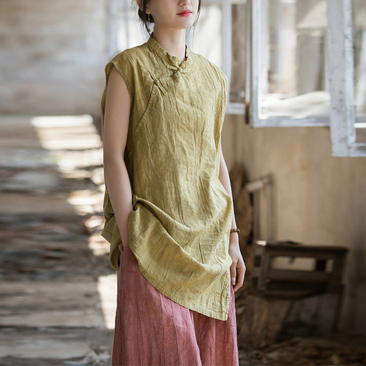 Buddha Stonesハンドメイド タイダイ ラミー リネン フロッグボタン ノースリーブ ベスト