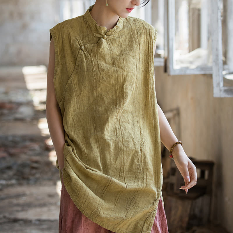 Buddha Stonesハンドメイド タイダイ ラミー リネン フロッグボタン ノースリーブ ベスト