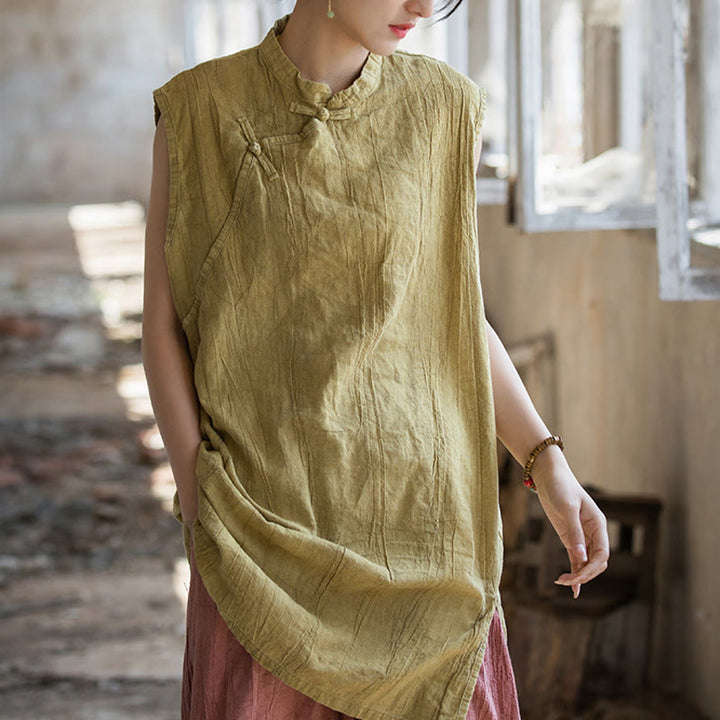 Buddha Stonesハンドメイド タイダイ ラミー リネン フロッグボタン ノースリーブ ベスト