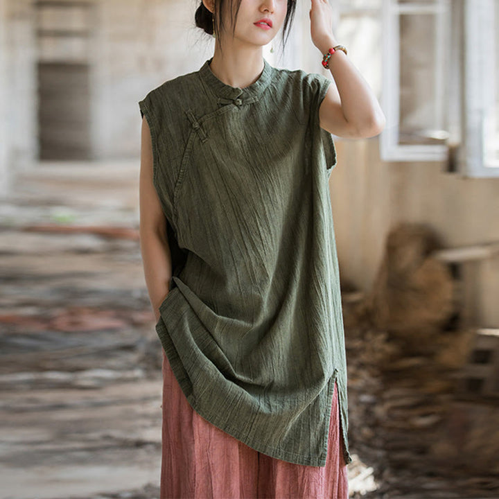 Buddha Stonesハンドメイド タイダイ ラミー リネン フロッグボタン ノースリーブ ベスト