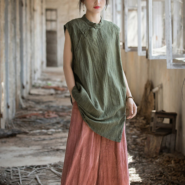 Buddha Stonesハンドメイド タイダイ ラミー リネン フロッグボタン ノースリーブ ベスト