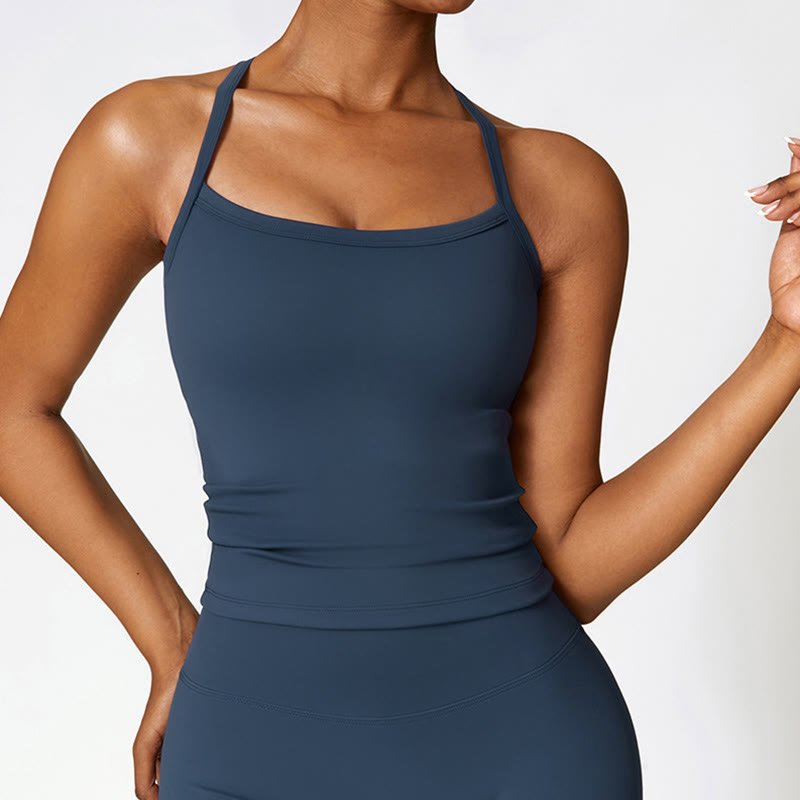 Buddha Stones無地 クロップ タンクトップ ハイウエスト ショーツ スポーツ フィットネス ジム ヨガ ウェア - ダークブルー - トップ - US8-10、 UK/AU12-14、 EU40-42 (XL) - image 0