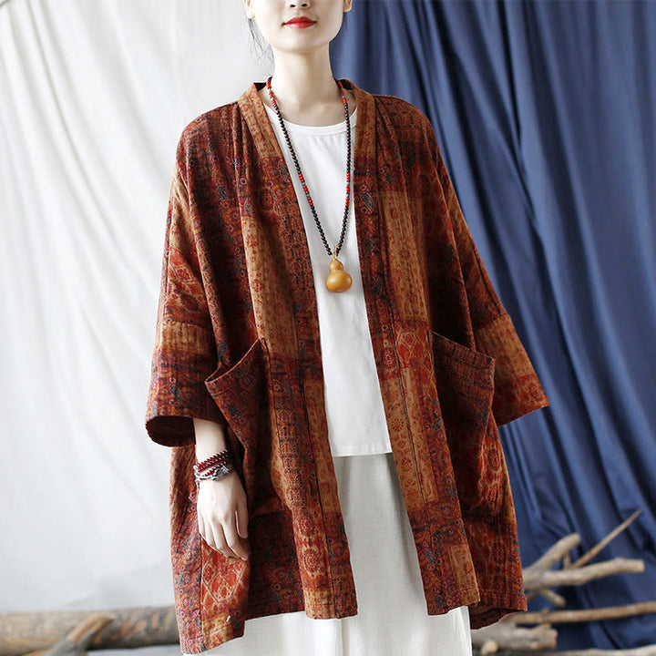 Buddha Stonesオレンジフラワージオメトリックプリントコットンオープンフロントジャケット(ポケット付き) - image 20