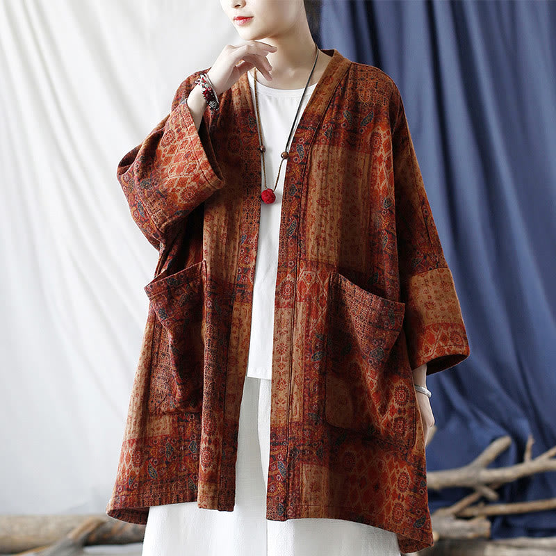 Buddha Stonesオレンジフラワージオメトリックプリントコットンオープンフロントジャケット(ポケット付き) - image 18