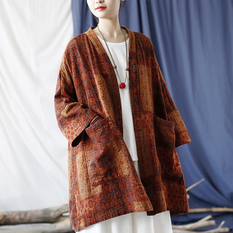 Buddha Stonesオレンジフラワージオメトリックプリントコットンオープンフロントジャケット(ポケット付き) - image 1