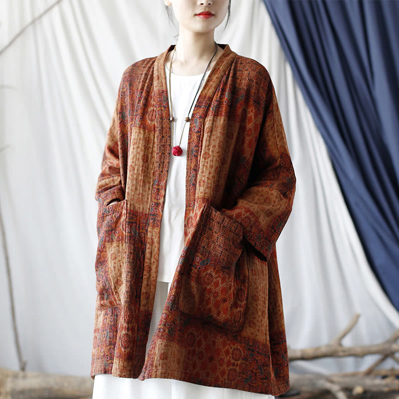 Buddha Stonesオレンジフラワージオメトリックプリントコットンオープンフロントジャケット(ポケット付き) - image 17