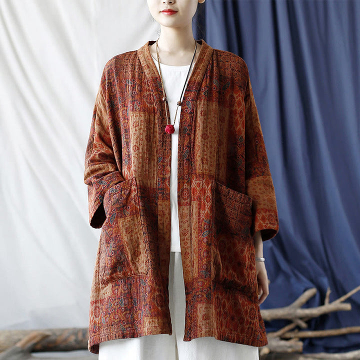 Buddha Stonesオレンジフラワージオメトリックプリントコットンオープンフロントジャケット(ポケット付き) - image 23