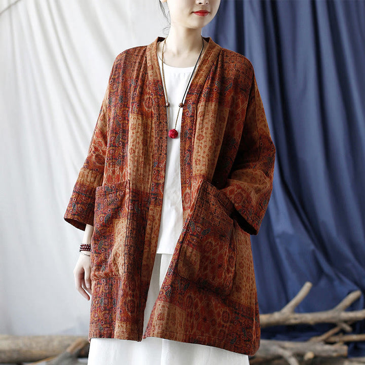 Buddha Stonesオレンジフラワージオメトリックプリントコットンオープンフロントジャケット(ポケット付き) - US4-14、 UK/AU8-18、 EU36-46 (F)-ジャケットのみ - image 0