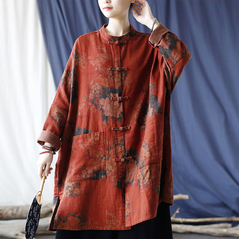 Buddha Stonesオレンジ牡丹花コットンリネンフロッグボタンオープンフロントジャケット ポケット付き - image 19