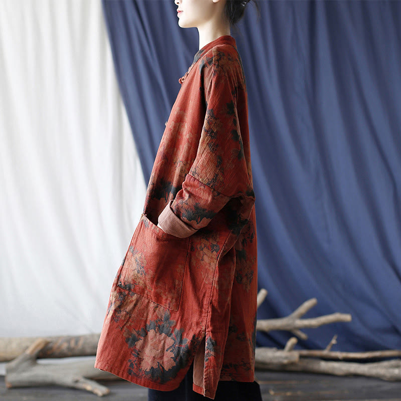 Buddha Stonesオレンジ牡丹花コットンリネンフロッグボタンオープンフロントジャケット ポケット付き - image 2