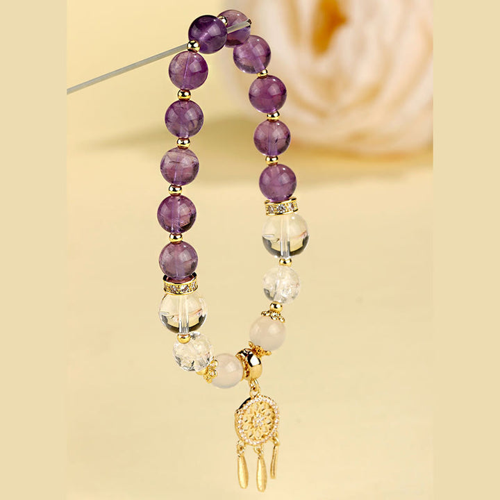 Buddha Stonesグリーンストロベリークォーツ アメジスト クリスタル ドリームキャッチャー ヒーリングブレスレット