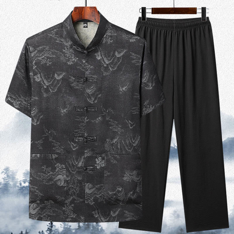 Buddha Stones、山、木々、唐装、漢服、伝統制服、半袖、トップス、パンツ、衣類、メンズセット - 黒 - トップス&パンツ - US/UK/AU42、 EU52 (3XL)  - image 11
