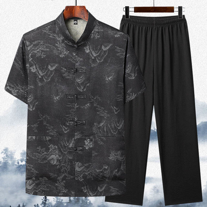 Buddha Stones、山、木々、唐装、漢服、伝統制服、半袖、トップス、パンツ、衣類、メンズセット - 黒 - トップス&パンツ - US/UK/AU42、 EU52 (3XL)  - image 11