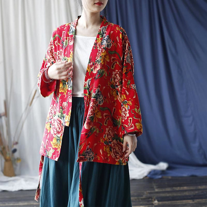 Buddha Stonesエスニックスタイル北東部レッドフラワー牡丹プリントコットンリネンレースアップジャケット