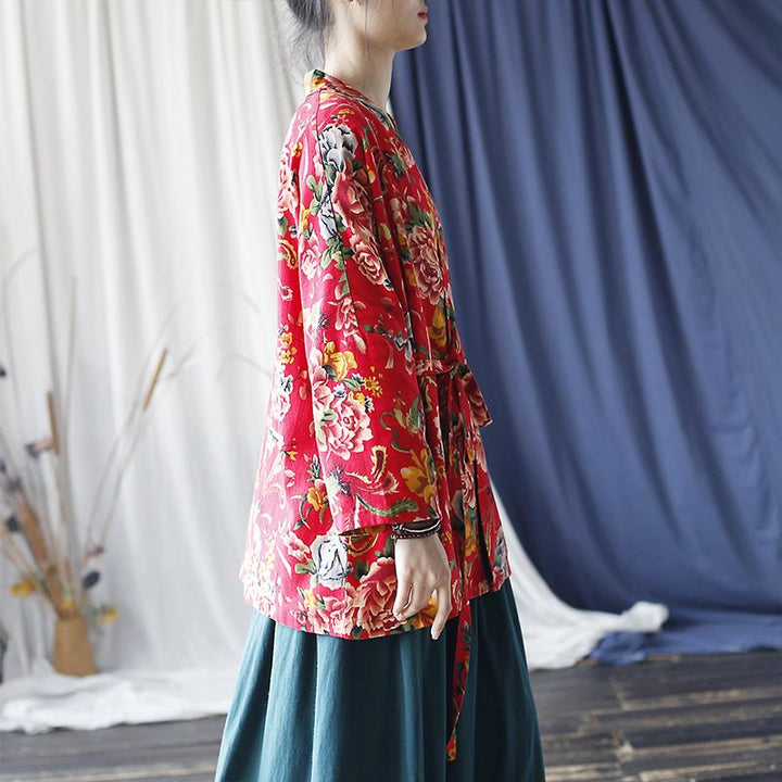 Buddha Stonesエスニックスタイル北東部レッドフラワー牡丹プリントコットンリネンレースアップジャケット