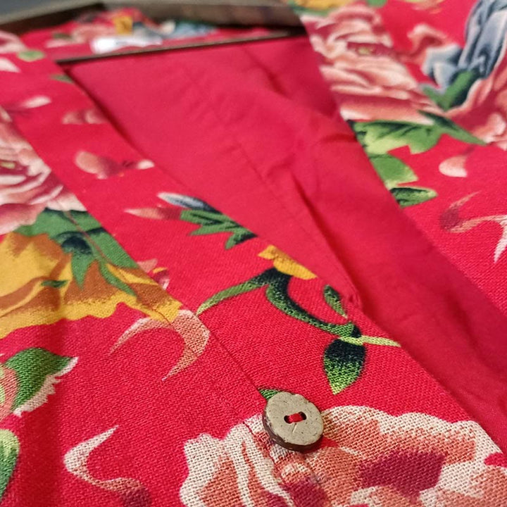 Buddha Stonesエスニックスタイル北東部レッドフラワー牡丹プリントコットンリネンレースアップジャケット