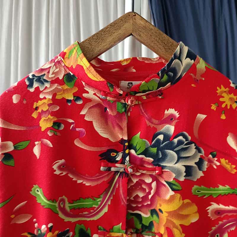 Buddha Stonesエスニックレッドフラワー牡丹カエルボタンコットンリネン長袖シャツジャケットポケット付き