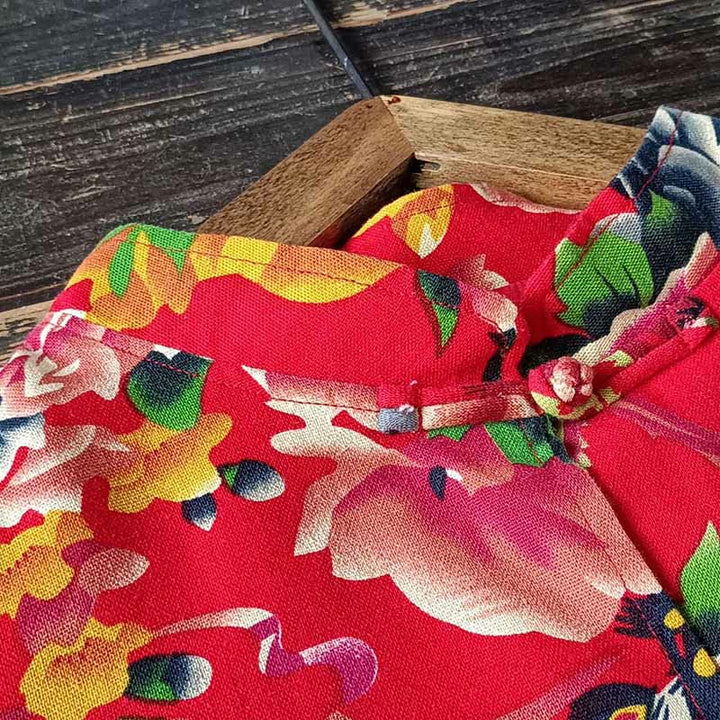 Buddha Stonesエスニックレッドフラワー牡丹カエルボタンコットンリネン長袖シャツジャケットポケット付き