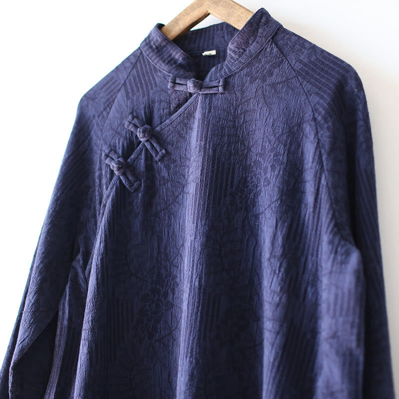 Buddha Stonesフラワージャカードミディドレス 長袖コットンリネンドレス ワイドレッグパンツ ポケット付き