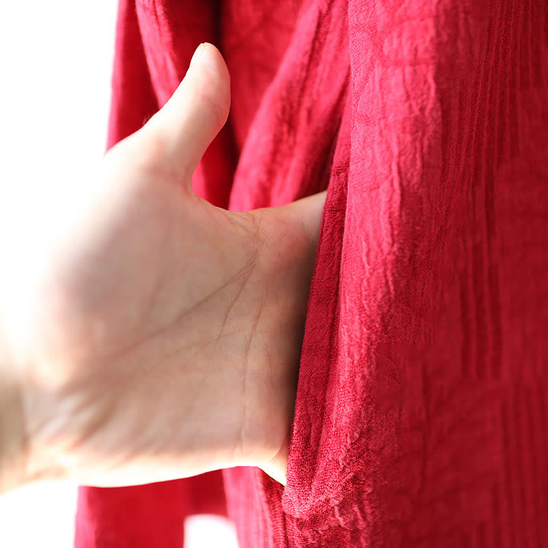 Buddha Stonesフラワージャカードミディドレス 長袖コットンリネンドレス ワイドレッグパンツ ポケット付き