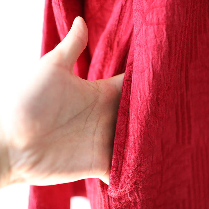 Buddha Stonesフラワージャカードミディドレス 長袖コットンリネンドレス ワイドレッグパンツ ポケット付き