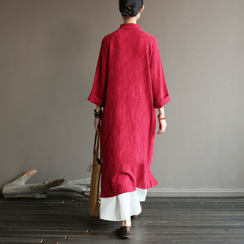 Buddha Stonesフラワージャカードミディドレス 長袖コットンリネンドレス ワイドレッグパンツ ポケット付き