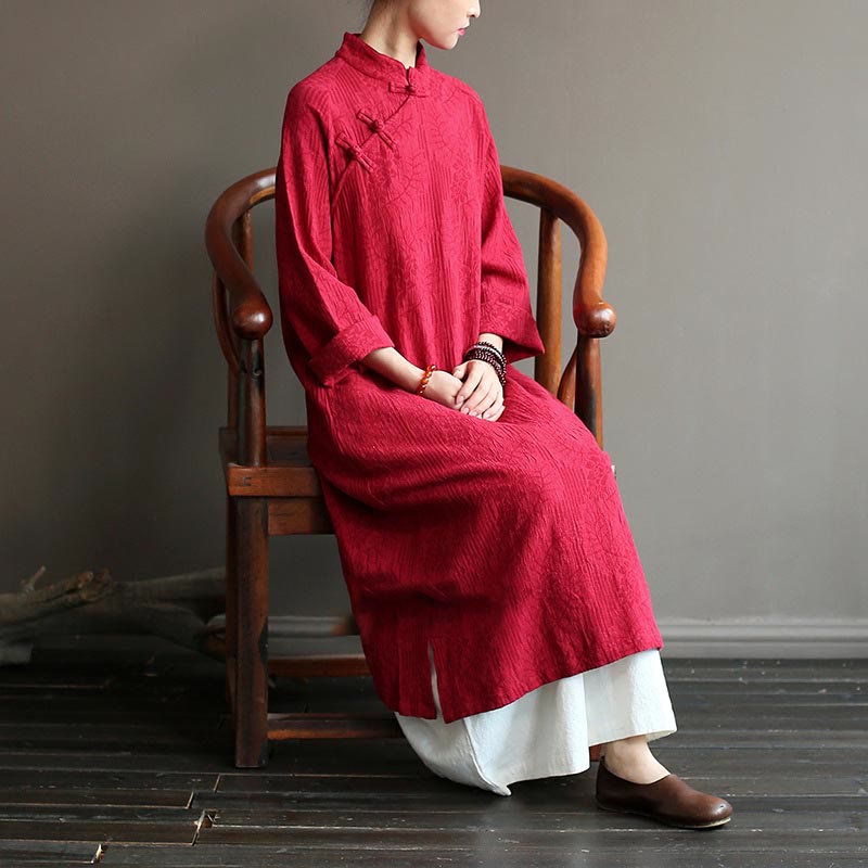 Buddha Stonesフラワージャカードミディドレス 長袖コットンリネンドレス ワイドレッグパンツ ポケット付き