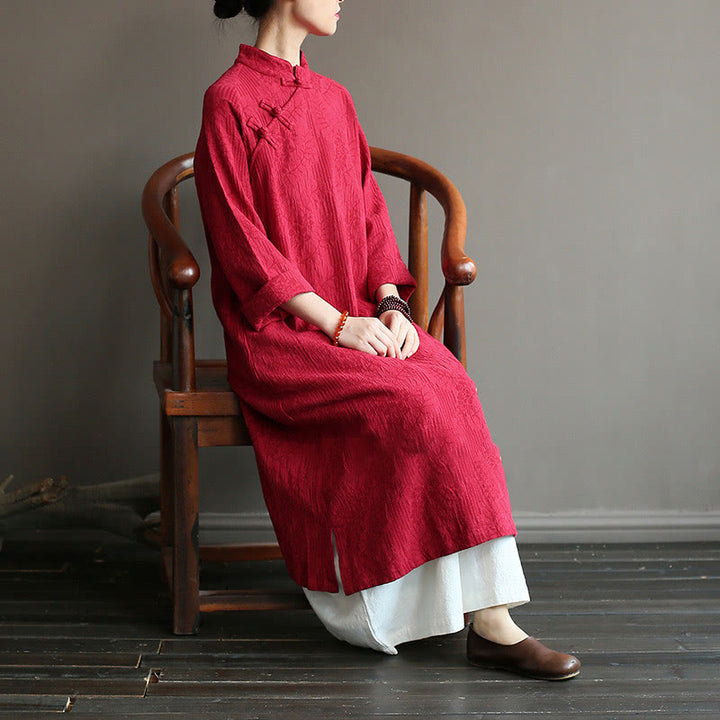 Buddha Stonesフラワージャカードミディドレス 長袖コットンリネンドレス ワイドレッグパンツ ポケット付き