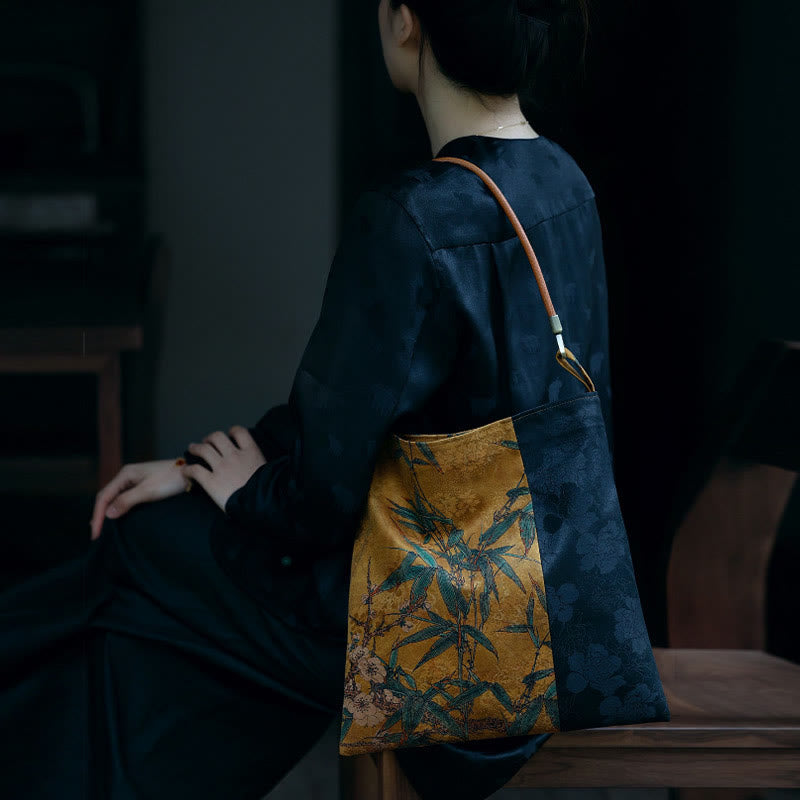 Buddha Stones、竹の葉、花、蝶、柿のショルダーバッグ、ハンドバッグ